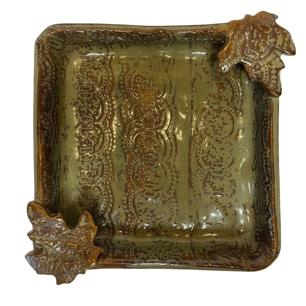 Artisan Handmade Signed Studio Art Pottery Cocktail Napkin Holder‎ Leaf Designs